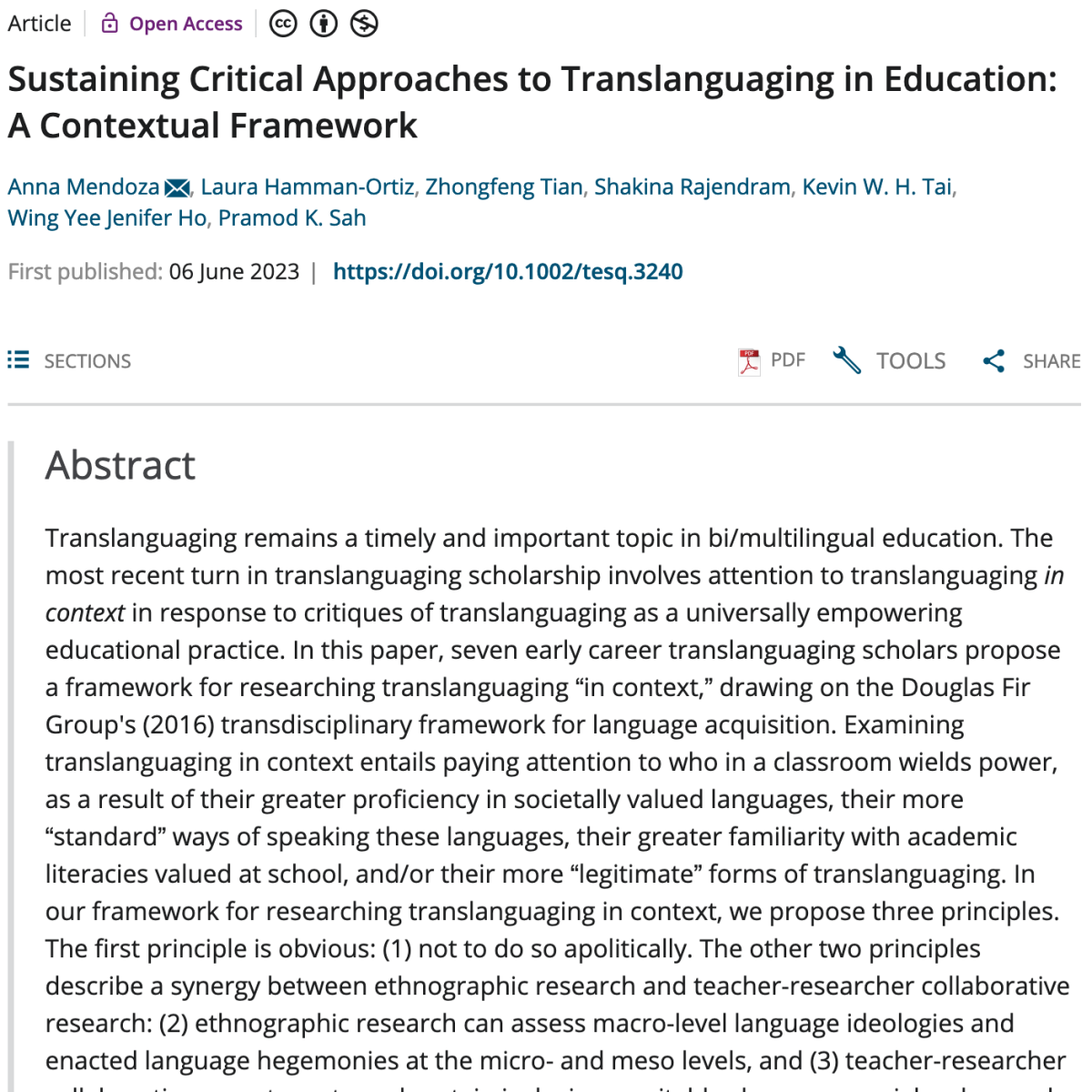 New OPEN ACCESS, state-of-the-art paper on translanguaging just published in TESOL Quarterly, written by emerging scholars